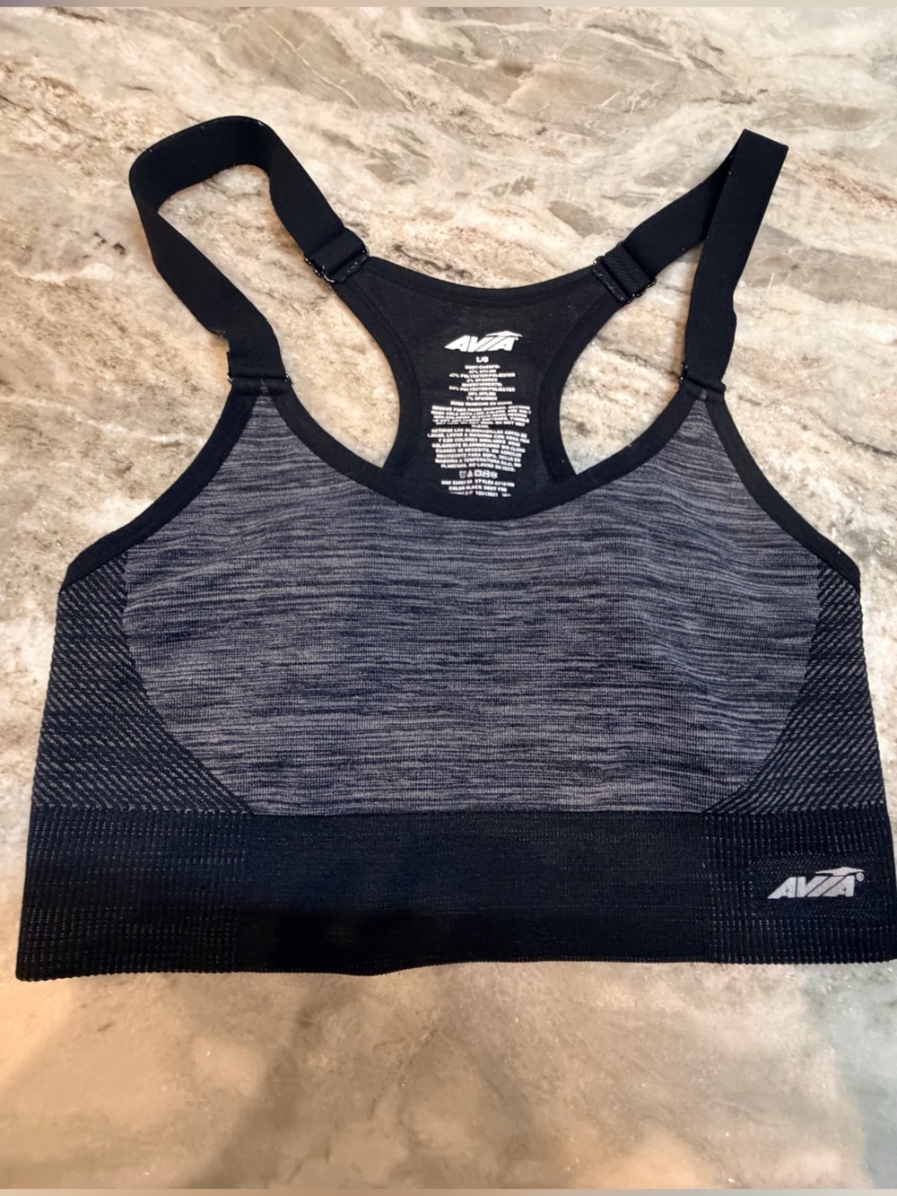 AVIA Seamless Sports Bra Large Black Gray Racerback Medium Support